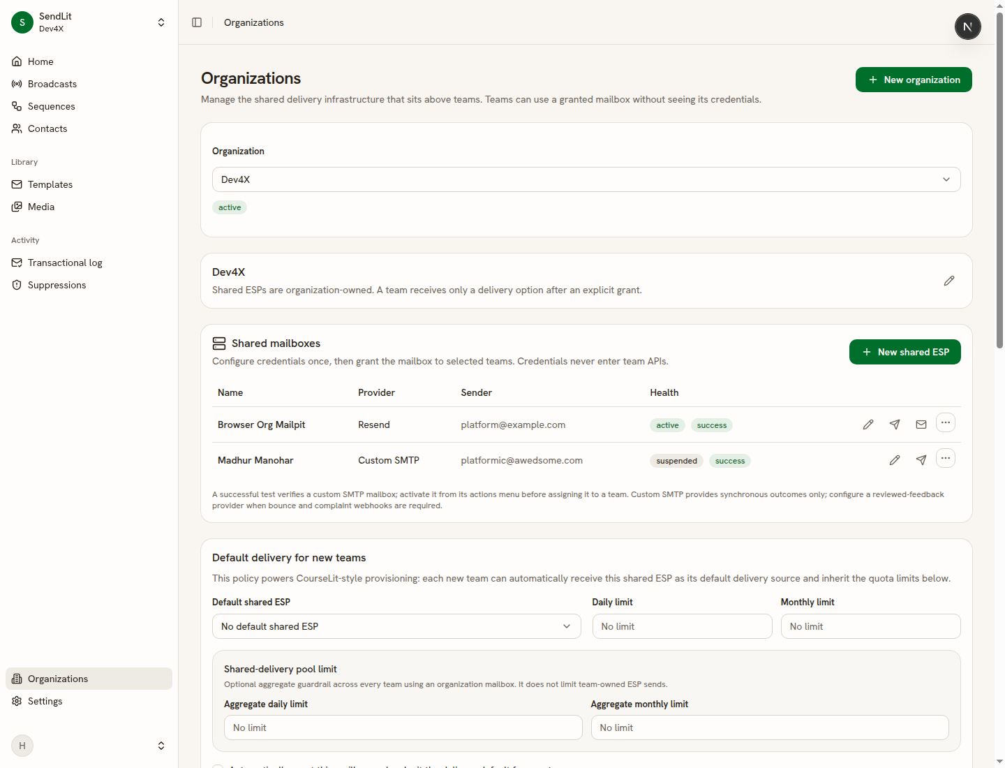 The Organizations workspace, with shared mailboxes and delivery policy