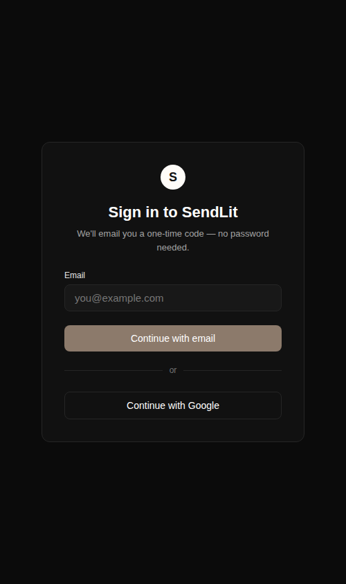 SendLit sign-in screen